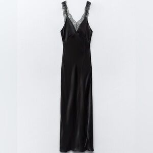 Zara Black Satin Slip Dress with Lace Trim